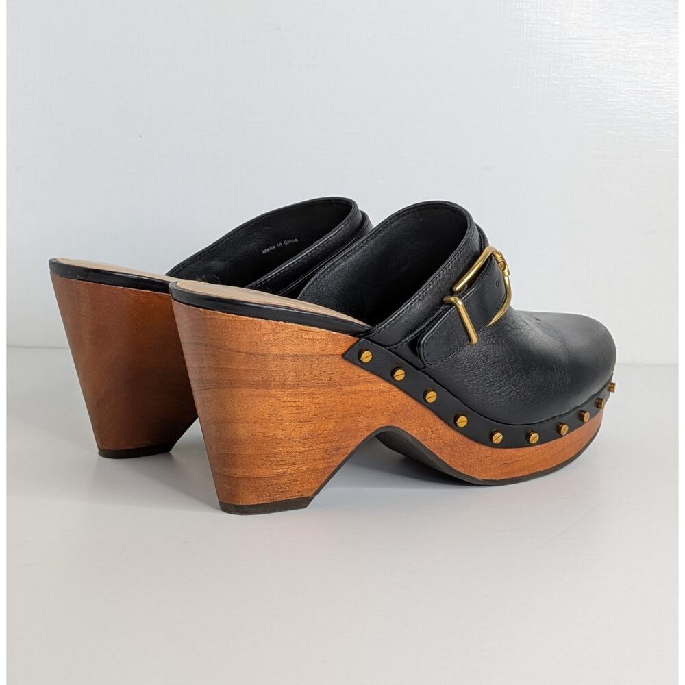 Veronica Beard Hendrix Platform Clogs 9 Black Leather Wood Heel Slip On Mules - Picture 16 of 16